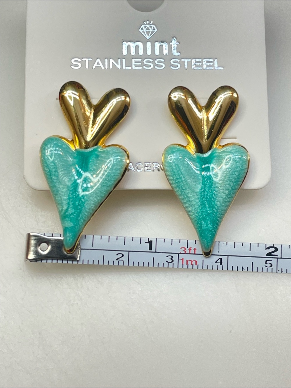 Mint Gold and Teal Heart Drop Stainless Steel Earrings